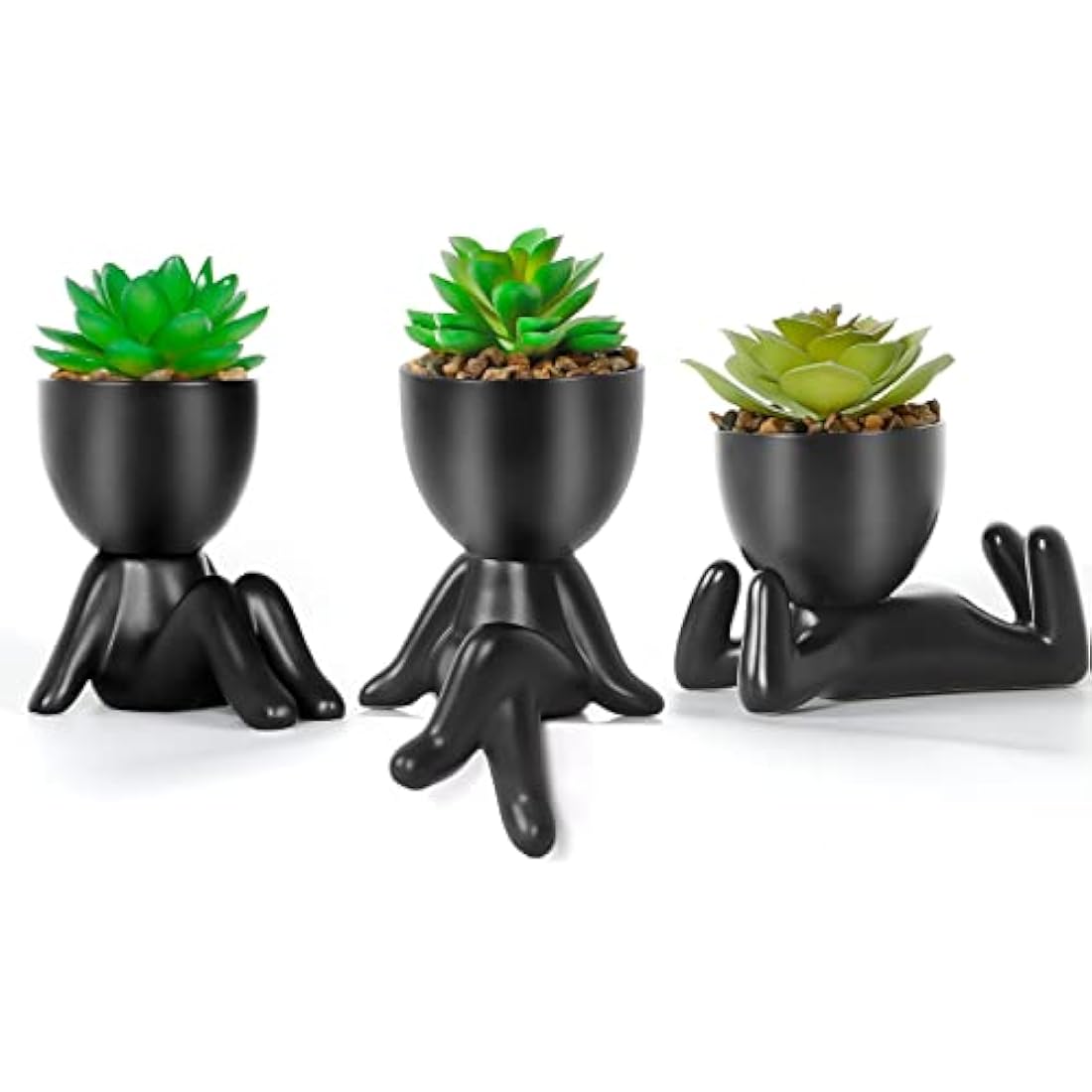 Dremisland Fake Succulents Plants Set of 3 Black Porcelain Pots with Small Artificial Plants Human Shaped Ceramic Pots Cute Faux Plant for Indoors Office Desk Shelf Decorations