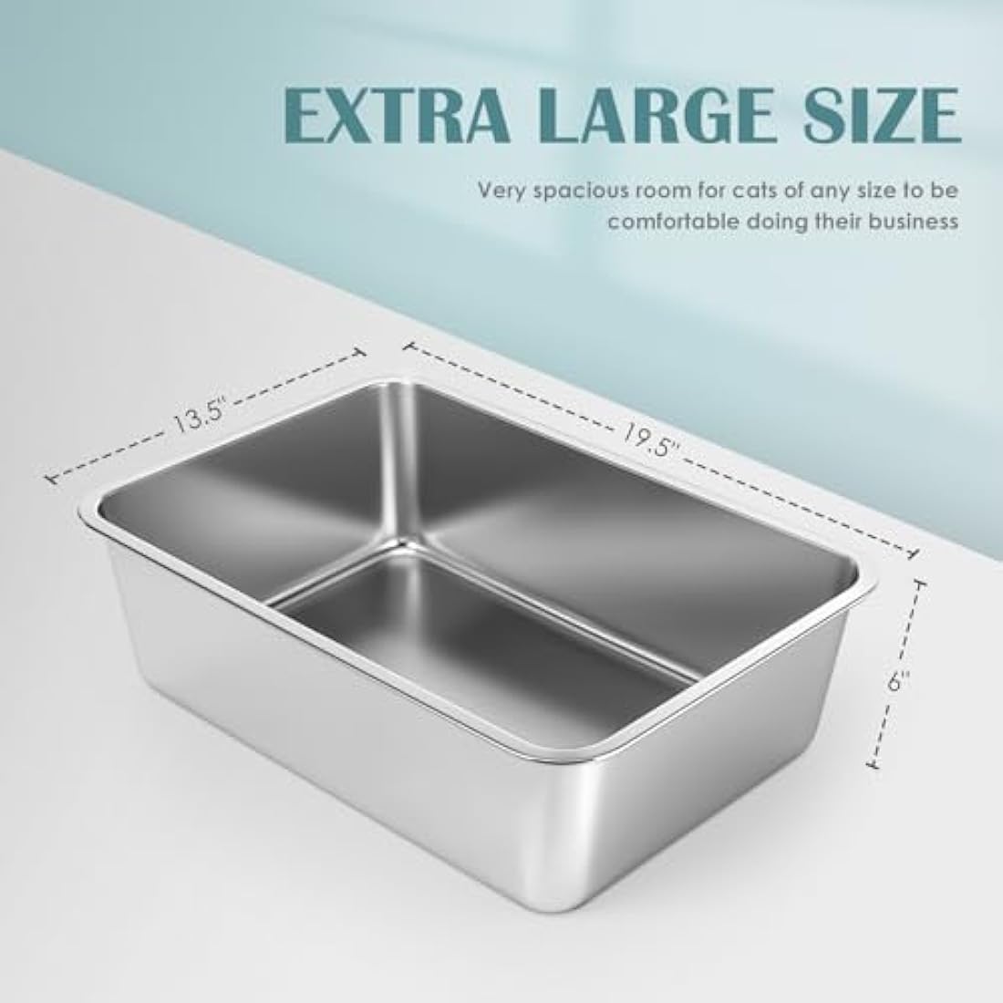 IKITCHEN Stainless Steel Cat Litter Box, Large Metal Litter Pan for Cats Rabbits, Never Absorbs Odors,Stain Free, Rustproof, Non Stick Smooth Surface, Anti-slip Rubber Bottom, 19.5"L x 13.5"W x 6"H