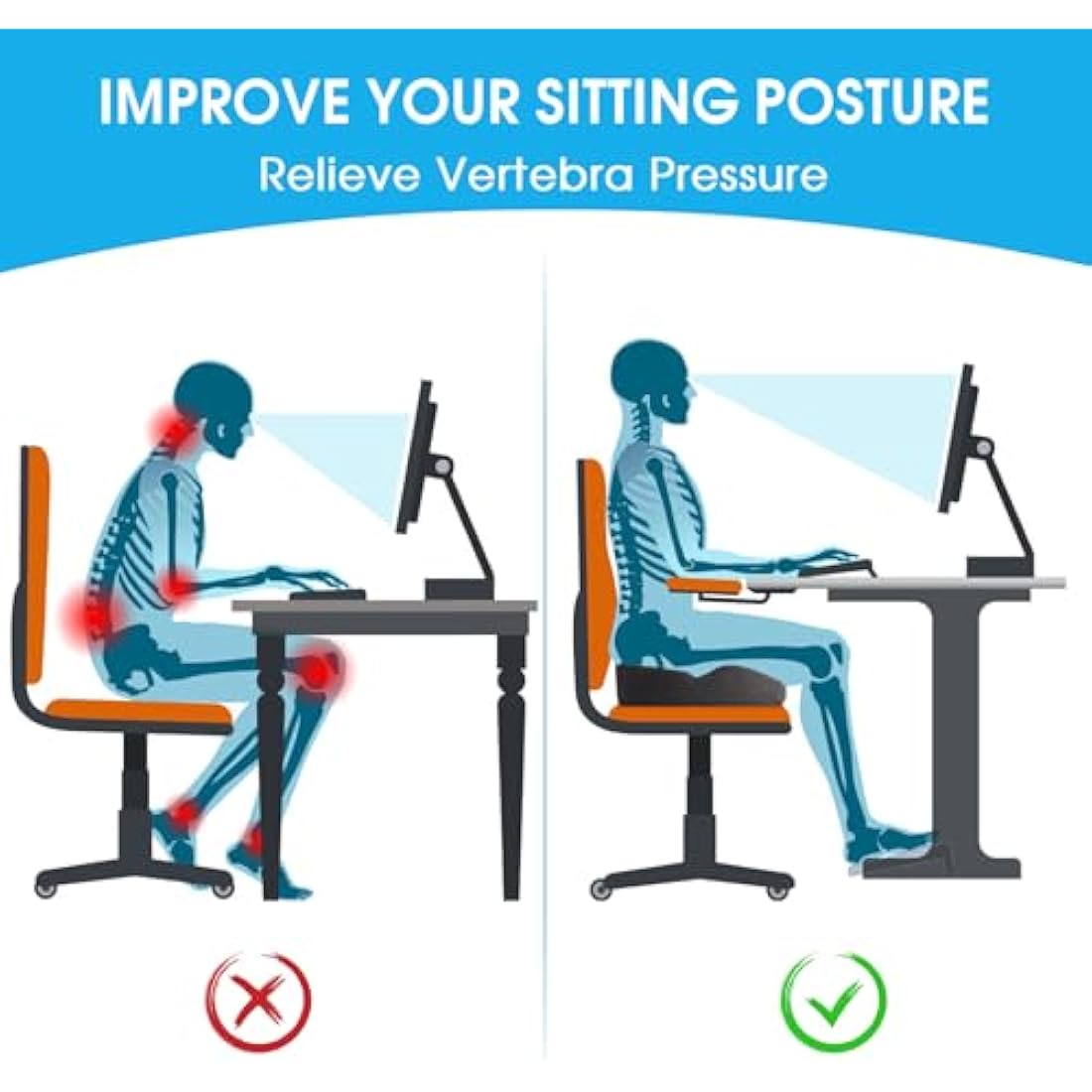 Firhuza Seat Cushion Office Chair Cushions Memory Foam Pressure Relief Cushion for Hip, Tailbone, Coccyx, Sciatica,Ergonomic Seat Cushion Pad for Desk Chair, Wheelchair, Car Seat for Long Sitting