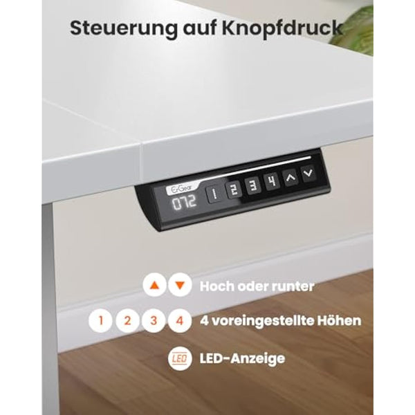 ErGear Electric Standing Desk 140 x 80 cm, Height Adjustable Desk, Sit Stand Table with Easy-Glide Drawer & 4 Memory Smart Pannal, T-Leg Design for Stability, Splice Board, White Frame & Surface