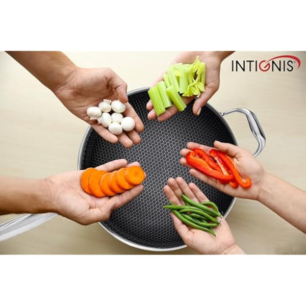 INTIGNIS® 28cm Stainless Steel Wok with Lid | 5L Heavy-Duty Non-Stick Wok Pan | Induction, Oven Safe | Dishwasher Safe | Anti Scratch | Large Frying Pan with Lid for All Hobs