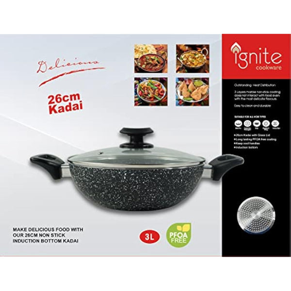 Ignite Cookware 26cm Marble Non-Stick Wok | Stir-Fry Pan with Glass Lid | Kadai | PFOA Free Non Stick for Healthy Cooking | Suitable for All Hobs Including Induction