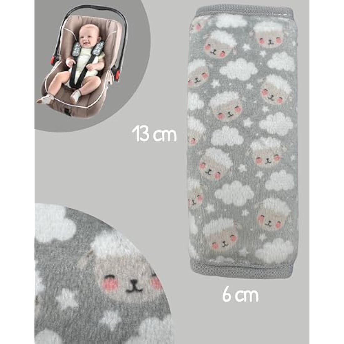 HECKBO 2x Harness Cushions Sheep & Clouds – Soft Strap Pads for Car Seat & Carrier – Boys & Girls