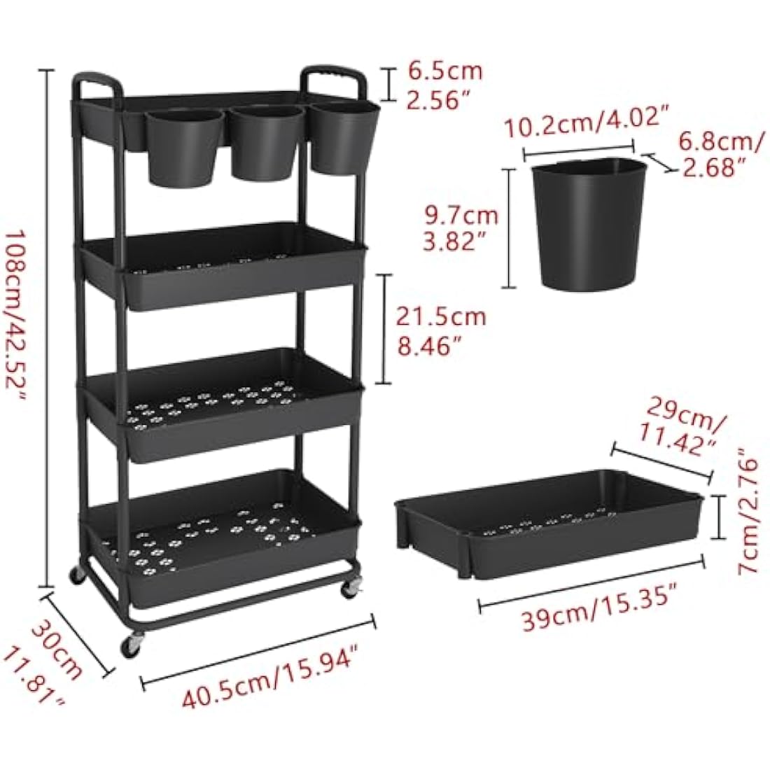 JIUYOTREE 4-Tier Plastic Rolling Storage Cart Utility Cart with Extra Hanging Cups Handles Lockable Wheels for Living Room Bathroom Kitchen Office Black