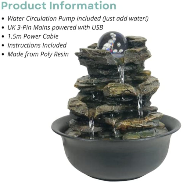 Heart of Nature Indoor Water Fountain with LED Light AND Colour Changing Spinning Ball USB Included