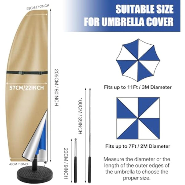 Teynewer Parasol Cover Waterproof, Cantilever Parasol Protective Cover with Telescopic Pole and Zipper Fit for 1 to 3 m Large Umbrella Patio Parasol Weatherproof UV-Anti Windproof, Khaki