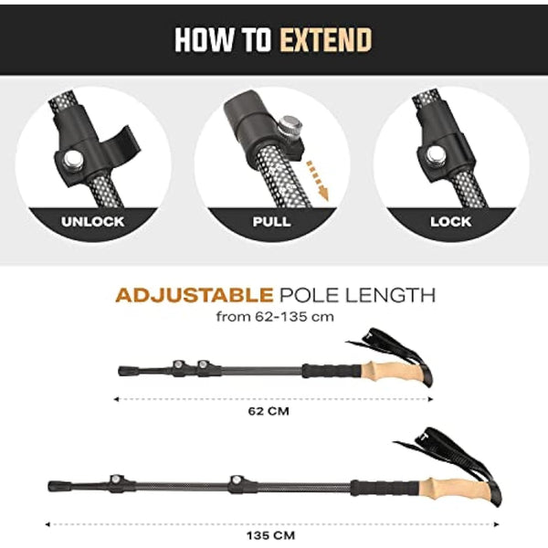 Effekt Carbon Fibre Trekking Poles - Collapsible, Leightweight Hiking Sticks with Cork Handle - Adjustable, Telescopic and Portable Nordic Walking Canes