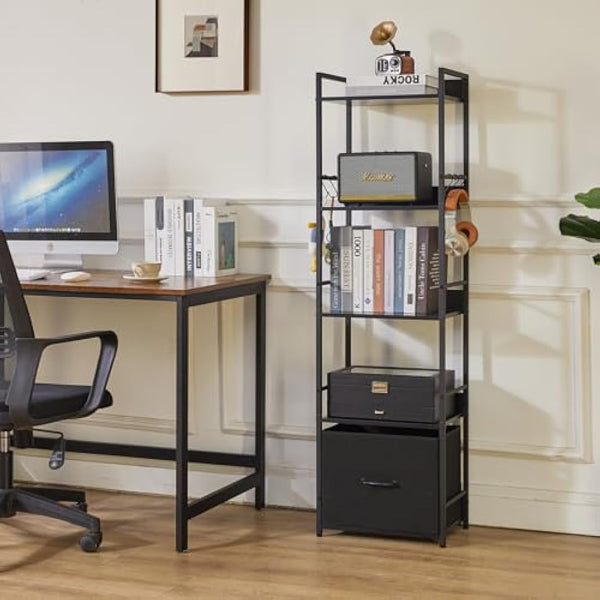 Aibiju Ladder Shelf，5 Tier Bookshelf with Fabric Cloth Drawer, Industrial Ladder Shelf,Steel Frame, Tall Narrow Bookcase with Shelves for Bedroom, Living Room, Black YD-BC001B