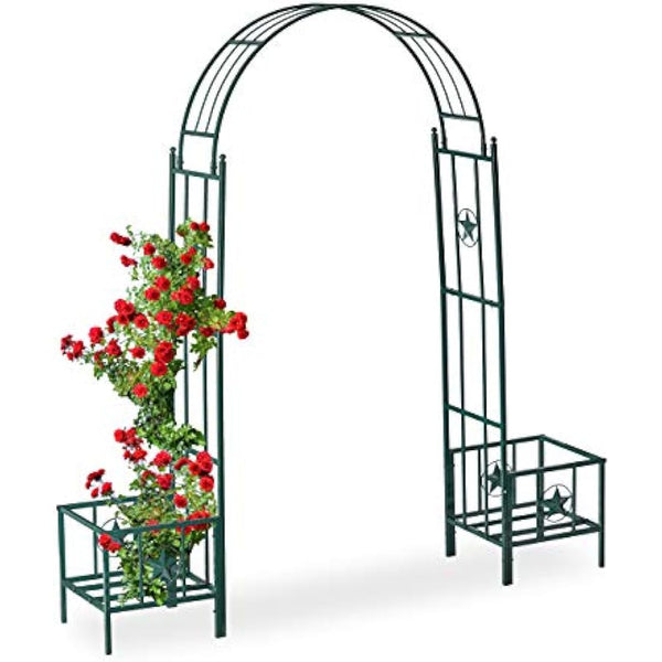 Relaxdays Rose Arch with Planters, Weatherproof, Metal Trellis, Climbers Support, Garden, HWD 226x204x45 cm, Green