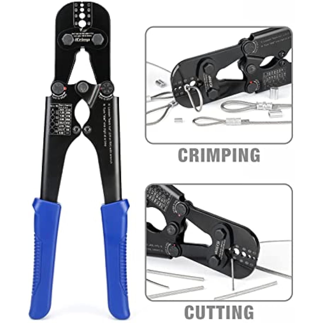 iCrimp Hand Swage Wire Rope Crimping Tool, Compatible with Aluminum Duplex Hourglass Sleeves and Copper Duplex Sleeves, Built-in Cable Cutter for 1.2mm to 3.5mm Wire Rope