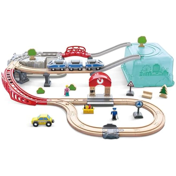 Hape City Railway and Train Bucket Set Toy with storage box that forms part of the scene, Ages 3 and up
