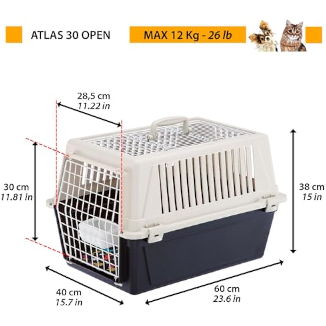 Ferplast Cat Carrier Small Dog Carrier, Double Opening, Secure, Practical, Easy to Clean, Durable Pet Travel Box up to 12 Kg, Includes Cushion, 60 x 40 x h. 38 cm