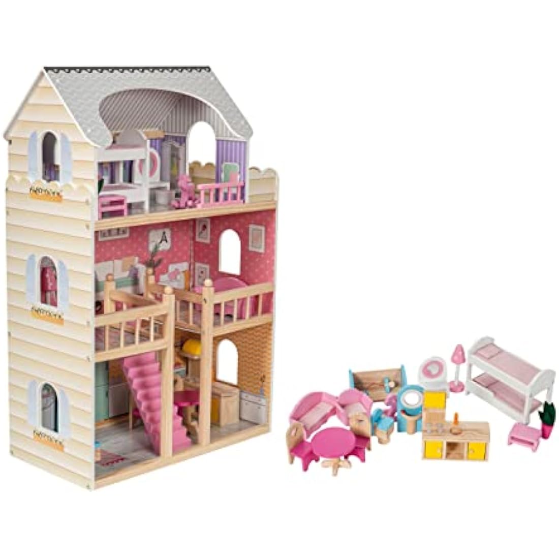 Mamabrum Dolls House with Furniture Set – Large 3-Story Wooden Playhouse with LED Lights – Fully Furnished Dollhouse for Girls – Pretend Play Set for Kids 3+