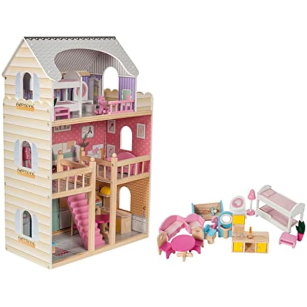 Mamabrum Dolls House with Furniture Set – Large 3-Story Wooden Playhouse with LED Lights – Fully Furnished Dollhouse for Girls – Pretend Play Set for Kids 3+