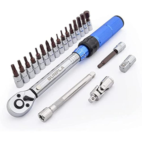 Gunpla 1/4" Drive Torque Wrench Set 21-Pieces Click Dual-Direction Adjustable with Extension Bar Maintenance Kit, Hex Torx Phillips Bits Sockets, 2-24NM Bicycle Repair Sets, 72 Tooth Ratchet Tool