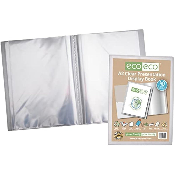 eco-eco A2 Size 50% Recycled 40 Pocket Clear Presentation Display Book, Storage Case Portfolio Art Folder with Plastic Sleeves, eco104