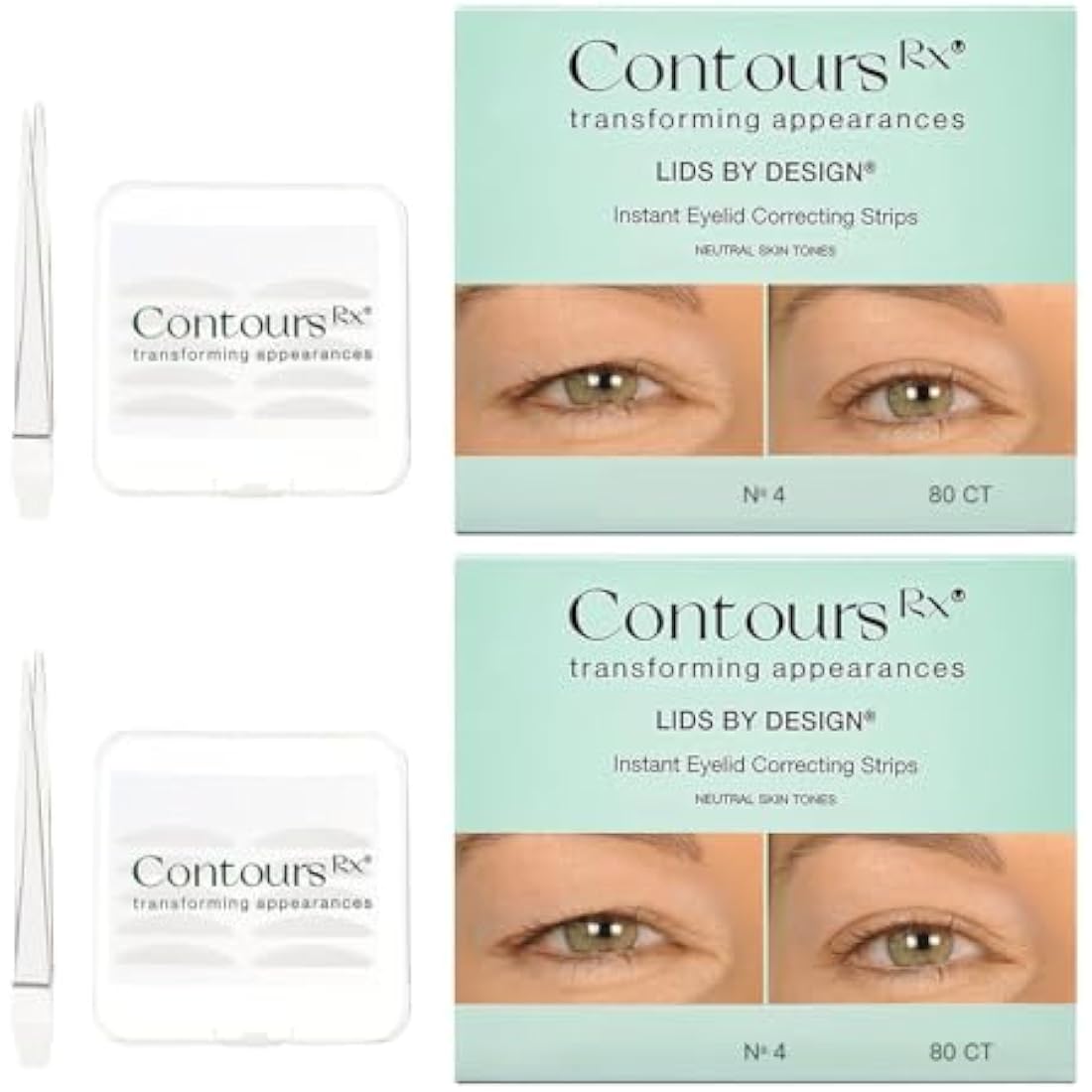 Contours Rx Lids by Design Eyelid Lift Strips with Travel Case and Tweezers - Invisible Eyelid Tape for Hooded Eyes - a Youthful-Looking Appearance - 2 Pack - 160 CT (4mm (Pack of 2))