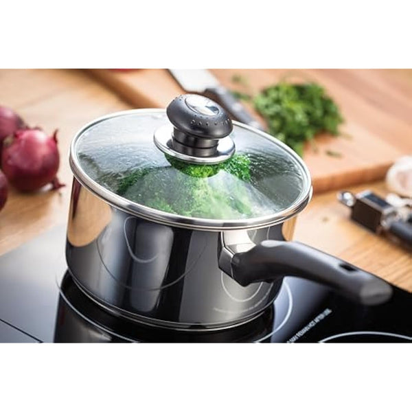 Judge Essentials Stainless Steel Set of Pans, 3-Piece Set, 16cm, 18cm & 20cm Saucepans, Vented Glass Lids, Induction Ready