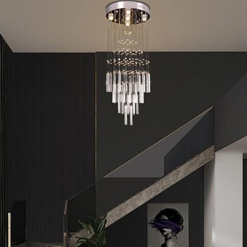 FRIXCHUR Modern Crystal Chandeliers 39.4" Long High Ceiling Chandelier Staircase Chandelier for Foyer Entryway Living Room,Dia 15.7"