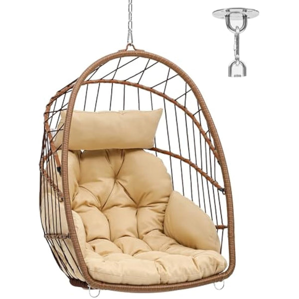 YITAHOME Rattan Egg Chair，Swing Egg Chair w/ Cushions，Sturdy Steel Frame，105x74x72 cm Hanging Egg Chair w/ a Chain & S Hook Patio，Garden，Living Room，Brown Egg Chair & Beige Cushion (FTPLPS-1010-E)