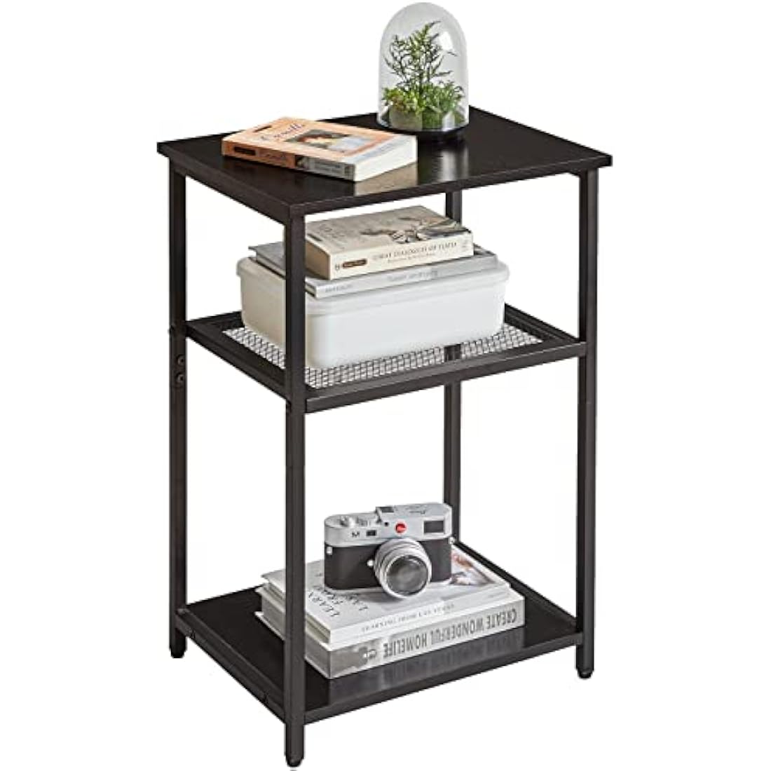 IBUYKE Side Table, 3-Tier End Table, Industrial Nightstand Small Table with Storage Shelf, Bedside Table for Bedroom, Living Room, Hallway, with Metal Frame, Black TMJ403B