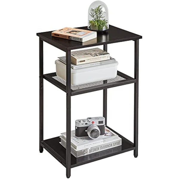 IBUYKE Side Table, 3-Tier End Table, Industrial Nightstand Small Table with Storage Shelf, Bedside Table for Bedroom, Living Room, Hallway, with Metal Frame, Black TMJ403B