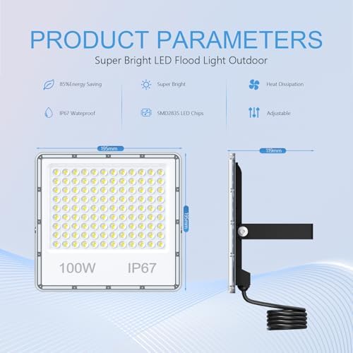 YIQIBRO LED Security Lighting Floodlight 100W - 10000LM IP67 Waterproof Outdoor Flood Lights Mains Powered, 7000K Cold White Outside Lights Mains Powered for Garden, Patio, Yard(2 Pack)