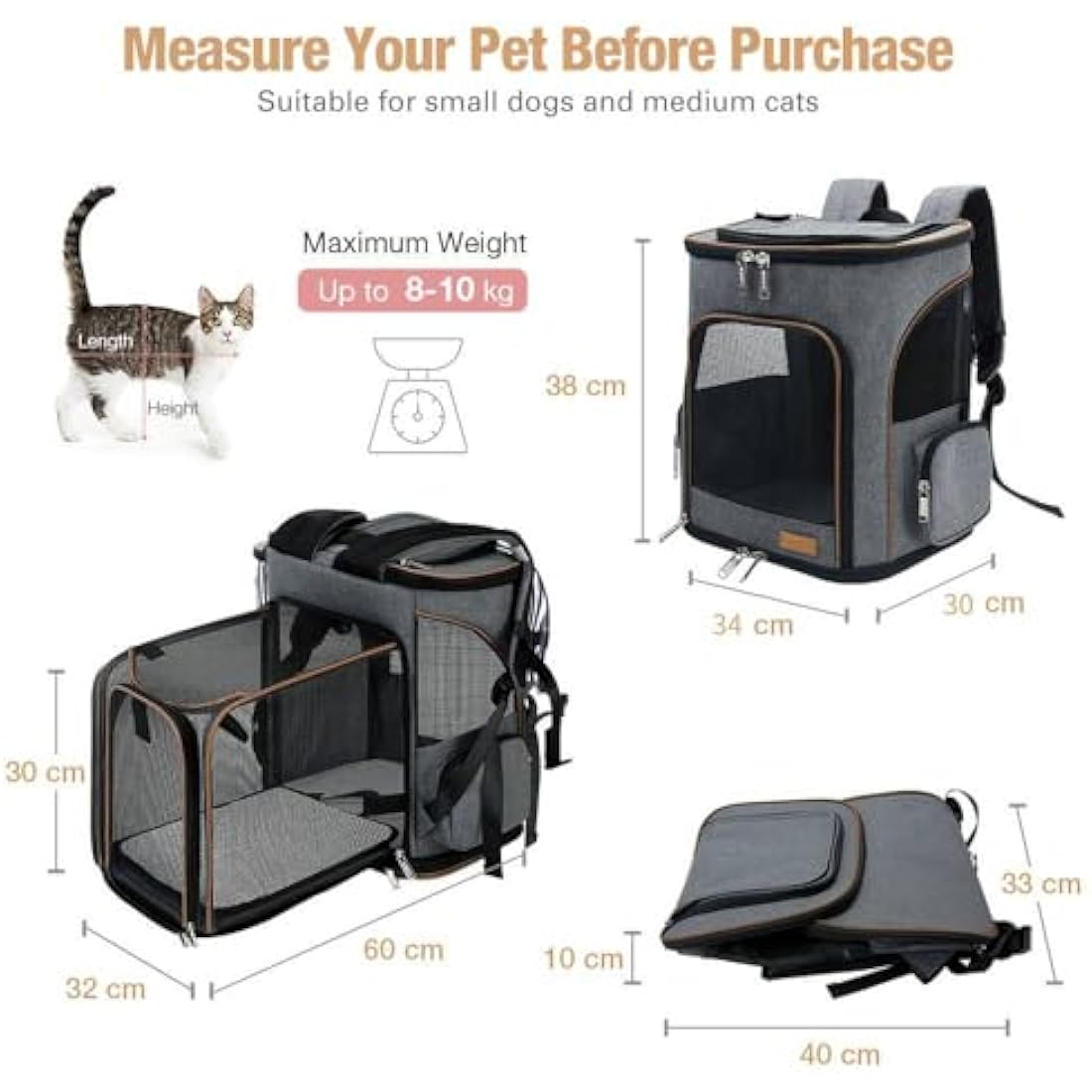 Lekesky Expandable Cat Carrier Backpack - Portable Breathable Rucksack for Medium and Small Cats & Dogs, Foldable with Inner Escape-proof Leash and Pet Mat, Supports 20 lbs (Grey)