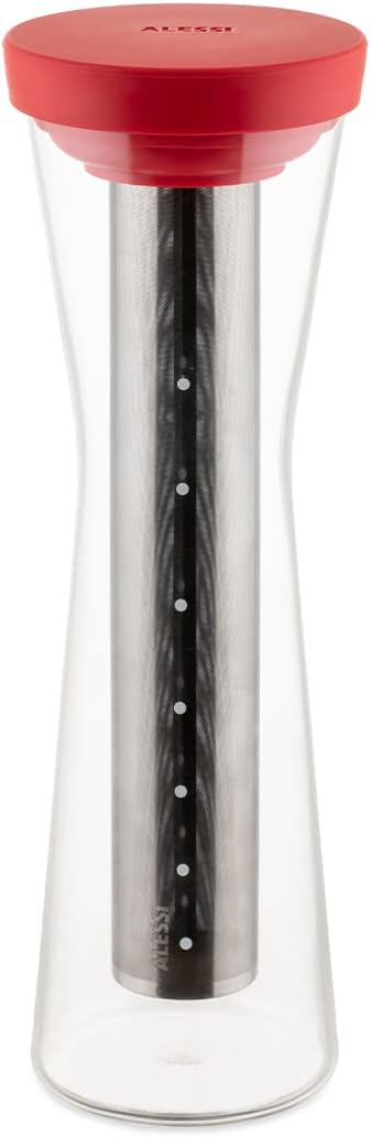 Alessi GIA31 R Cold Brew Coffee Carafe in Borosilicate Glass and thermoplastic Resin, Brown. Filter in 18/10 Stainless Steel, Plastic, Red