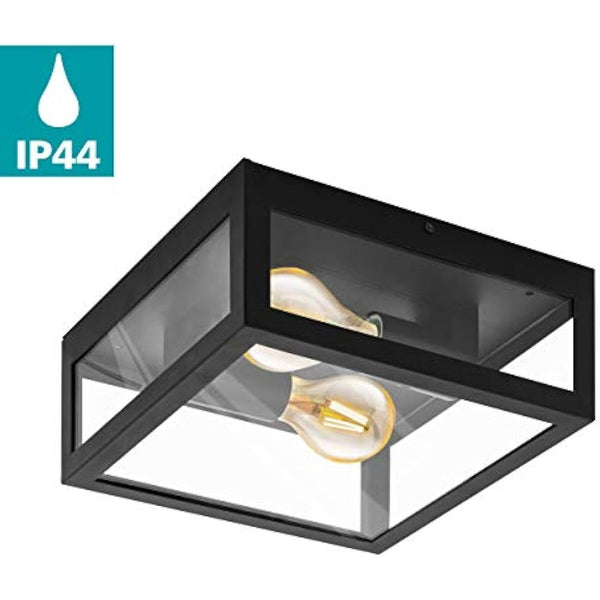 Eglo Alamonte 1 Outdoor Ceiling lamp, 2-Flame Outdoor Wall Light, Black galvanised Steel with Clear Glass Ceiling Light, E27 Socket, IP44