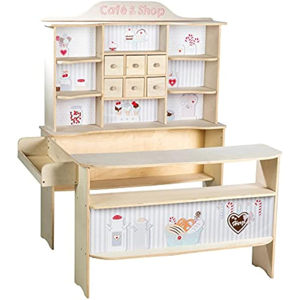 roba Wooden Play Shop 'Café & Shop' - Sales Stand With 6 Drawers + Side Counter + Accessories (Natural With Print)