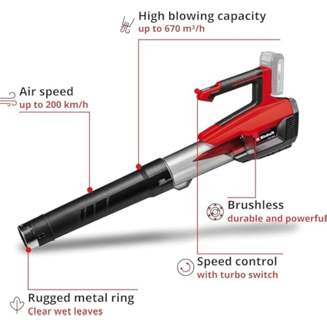 Einhell Power X-Change 18V Cordless Leaf Blower - Powerful (670 m³/h Blow Rate) Garden Blower With Brushless Motor And Turbo Switch - GP-LB 18/200 Li E Solo Garden Blower (Battery Not Included)