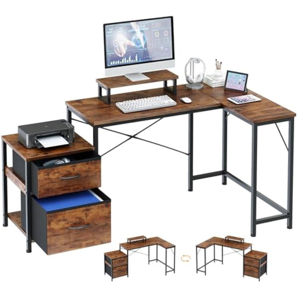 Dripex L Shaped Desk with Filing Drawer & Storage Drawer Compact Corner Desk with Monitor Stand Reversible Computer Desk for Home Office Bedroom Small Space