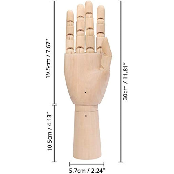 Belle Vous Flexible Wooden Mannequin Left & Right Hand Model Figures (2 Pack) - 30cm (11.81 Inches) - Movable Display Manikin with Finger Joints for Drawing, Sketching & Painting - Jewellery Holder