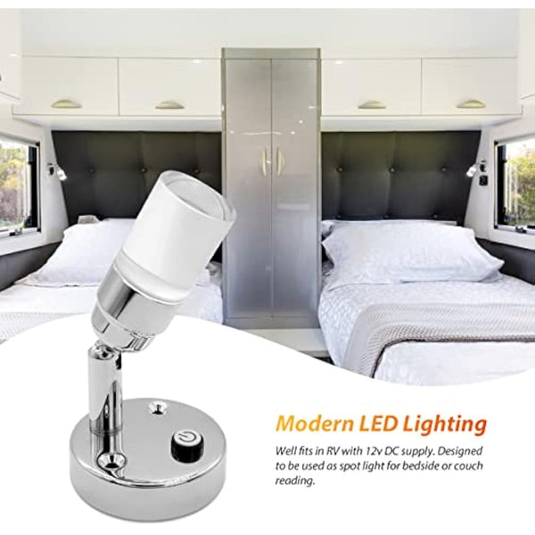 Dream Lighting 2 x 12v Reading Light Cool White - 6000K 2W 100LM with Blue Night Lighting - Wall Sopt Lights for Caravan Campervan Motorhome Boat - Chrome Plated Housing with Clear Acrylic Lampshade