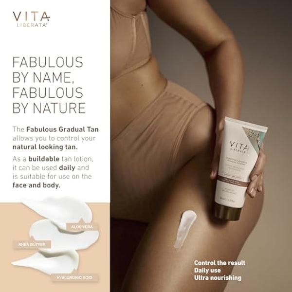 VITA LIBERATA, Fabulous Gradual Tanning Lotion 400ml & Dual Sided Self Tanner Mitt, Super Hydrating Hyaluronic Acid, Designed for Face & Body, Buildable Formula, Streak Free, Lasting Finish