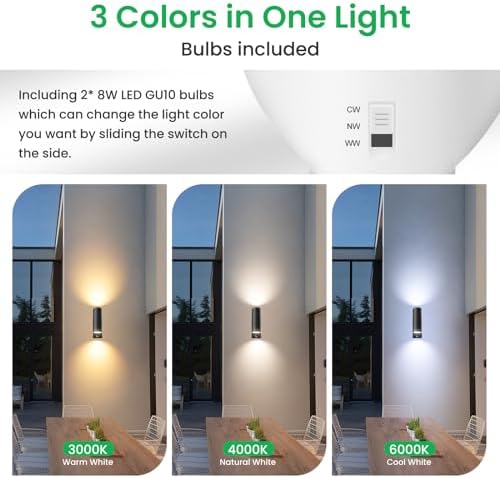 ALUSSO LIGHTING Up Down LED Wall Light PIR Motion Sensor 8W 750LM Stainless Steel Lamp, with GU10 Bulbs 3000K 4000K 6000K Adjustable, Outdoor Security Light IP65 Waterproof for Hallway Porch, Black