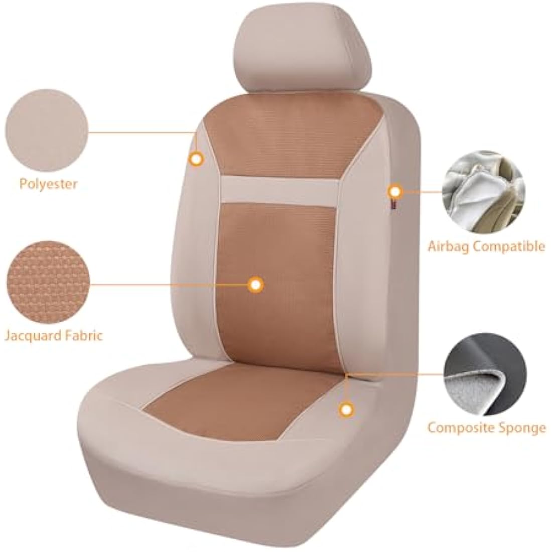 Flying Banner Breathable Jacquard Car Seat Covers Full Set Universal Fit Airbag Compatible Protector (Beige)