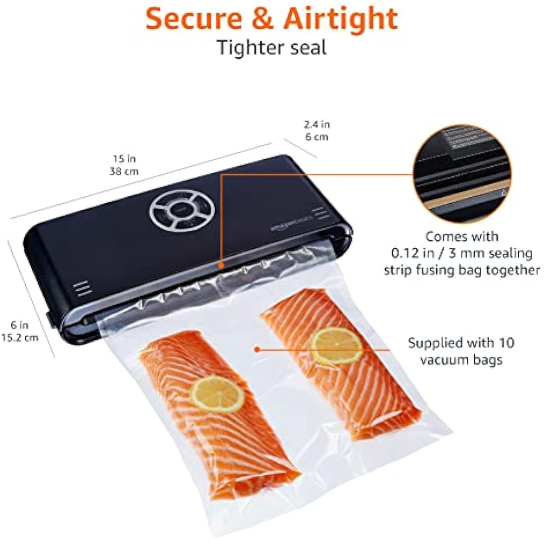 Amazon Basics Vacuum Sealer Machine for Sous Vide Cooking, 30cm Seam with 10 Bags for Preserving Meat, Fish, Fruits, and Vegetables, Black