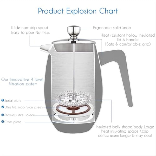 Easyworkz Nando Double Wall French Press Coffee Maker 700ml Stainless Steel Insulated Thermal Cafetiere