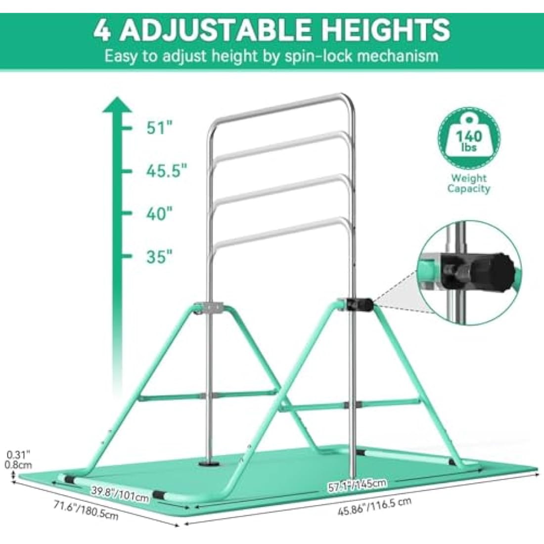 FBSPORT Gymnastics Bar, Folding Horizontal Bar Gymnastics Equipment for Kids Home Training, Expandable Gymnastics Training Bar Junior with Adjustable Height for Girls Boys