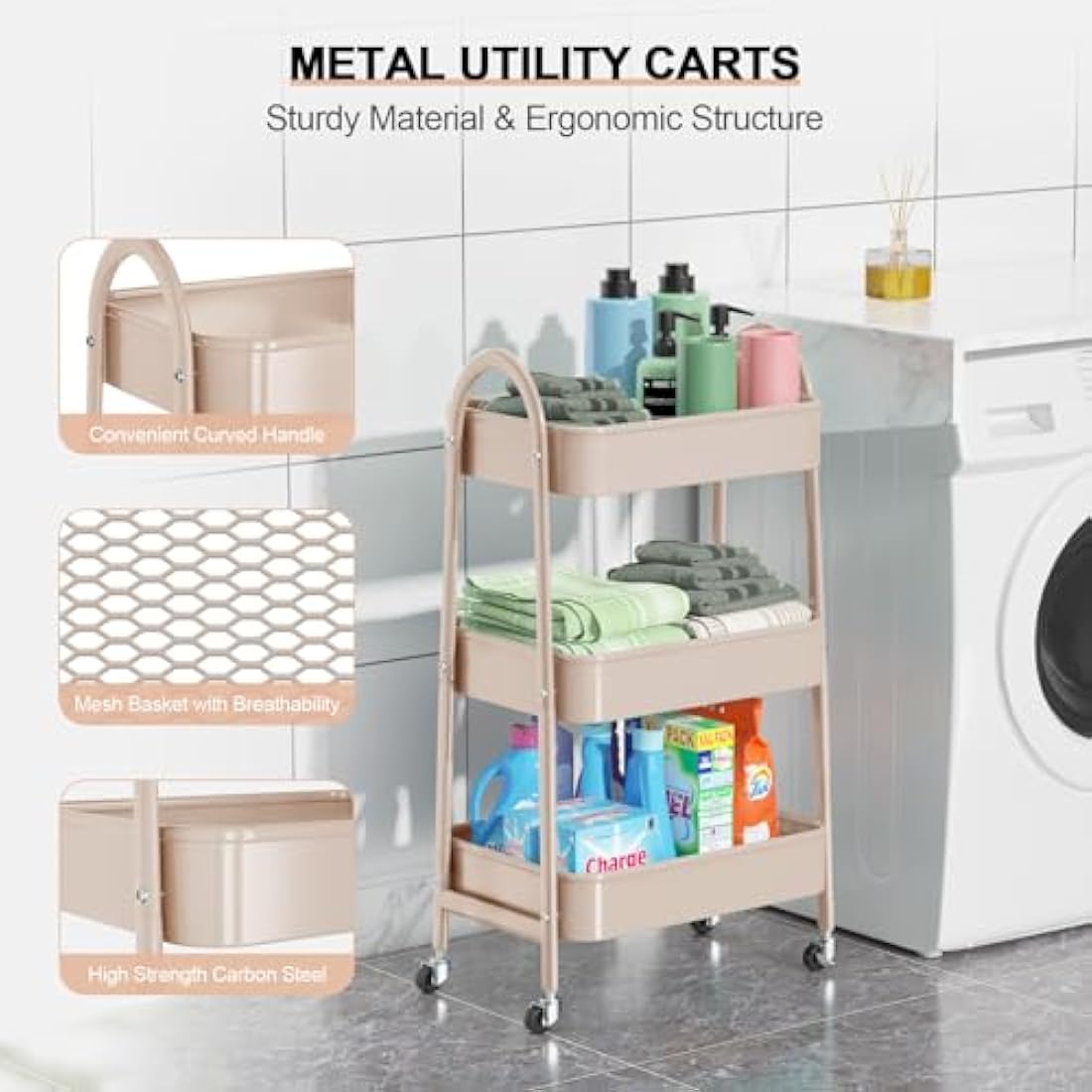 3 Tier Utility Rolling Cart, EAGMAK Metal Storage Cart with Handle and Lockable Wheels, Multifunctional Storage Organizer Trolley with Mesh Baskets for Kitchen, Living Room, Office, Garage (Beige)