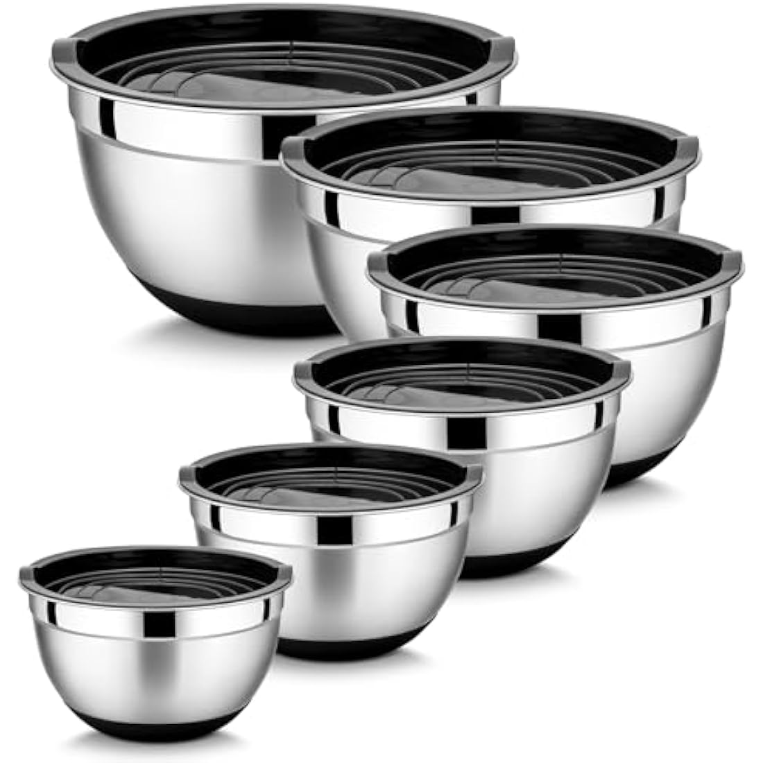 HaWare Mixing Bowl Set of 6, Stainless Steel Salad Bowl for Kitchen Baking, Serving, Space-Saving Storage Metal Nesting Bowl, Silicone Bottom & Airtight Lids, Size 4.5/3/2.5/1.5/1.2/0.7QT (Black)