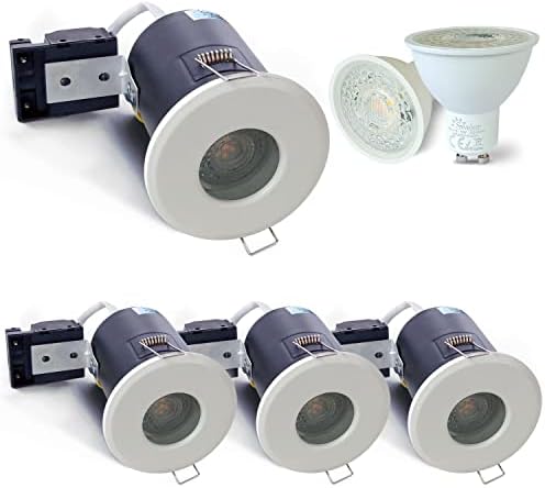 4XSweier Fire Rated GU10 White Downlights,IP65 Waterproof 5W Warm White 3000k Spotlight,90 Minute Fire Rated LED Recessed Ceiling Lights,230V GU10 Downlights,Cut-Out 70mm.
