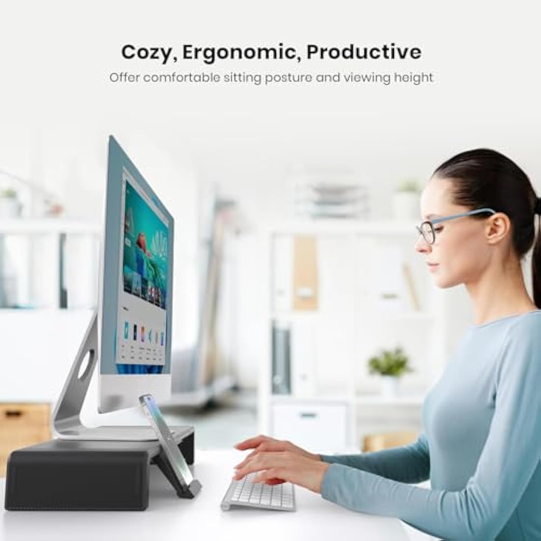 Foldable Monitor Stand - Klearlook Computer Monitor Riser with Storage Drawer&Tablet Phone Stand| Width Adjustable Monitor Stands for Desks| Desk Shelf Riser for Computer, Desktop, Laptop| Black