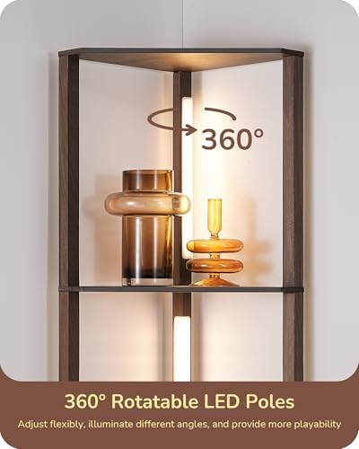 EDISHINE LED Floor Lamps with Shelves, 4 Layers Wood Dimmable Standing Lamp, 360° Rotatable Poles, Corner Floor Lamps for Living Room Bedroom Office, Walnut Brown
