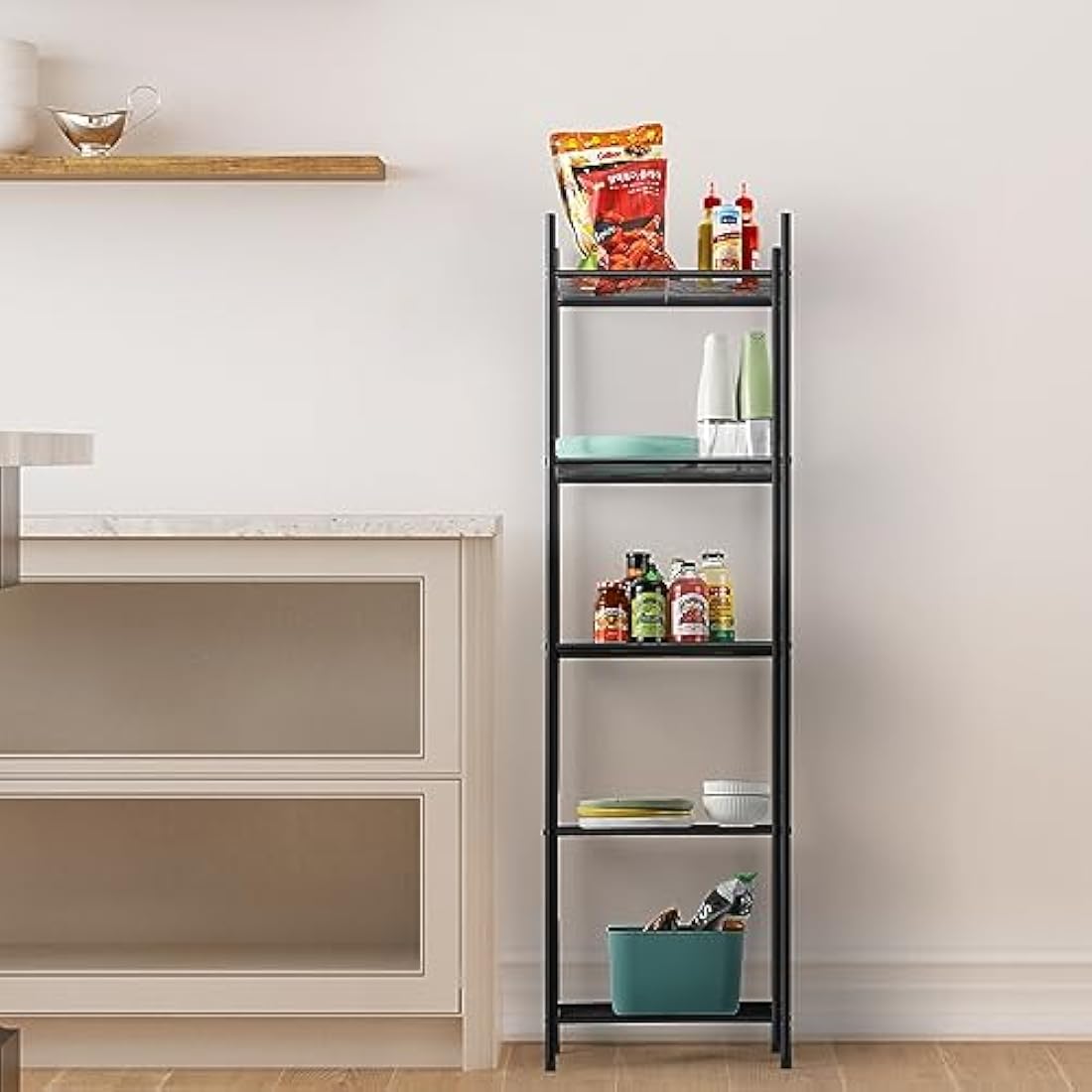 5 Tier Shelving Unit, Wire Shelving Unit Metal Storage Shelf Free Standing Storage Rack, Wire Organisation Racking Shelves for Pantry Kitchen Livingroom Bathroom Office, 41*32*145 CM, Black