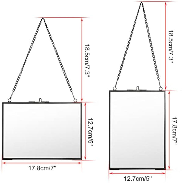 SUMTree Set of 2 Black Glass Hanging Photo Picture Display Frame, Floating Glass Picture Frame with Chain for Family Tree Mini Photo, Gallery Wall Art Work, Pressed Flower, collage, etc, 5 * 7 inch