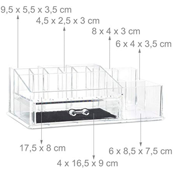 Relaxdays Makeup Organiser with Drawer, Acrylic Storage Box for Cosmetics and Jewellery, Lipstick Holder, Transparent