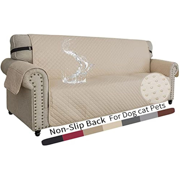 XINEAGE Quilted Sofa Covers 3 Seater, Water Resistant Couch Covers for 3 Seater, Non Slip Sofa Slipcoevrs for Dogs Pets, Reversible Sofa Protector with Elastic Strap Washable (Sofa, Beige)
